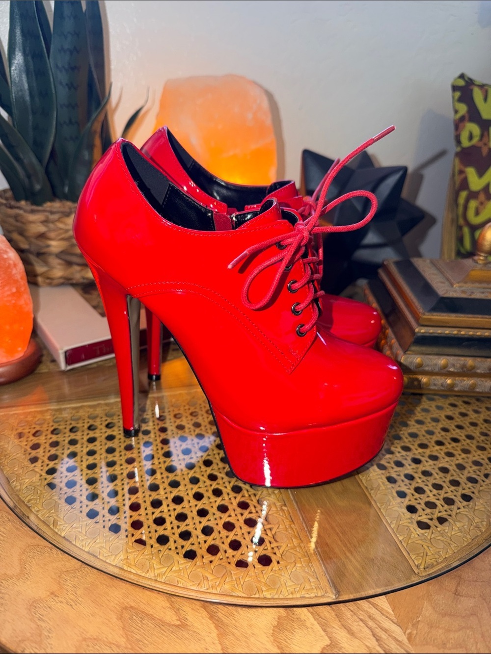 Red Patent Platform Lace-Up High Heel Booties - Women - Picture 4 of 9